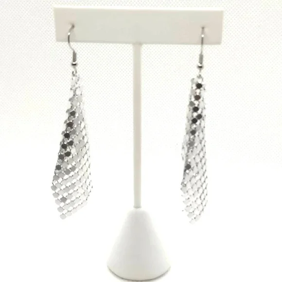 Silver Shiny Earrings Metal Mesh Grid Sequins Tassel Trendy  Slinky Earrings - Picture 3 of 6